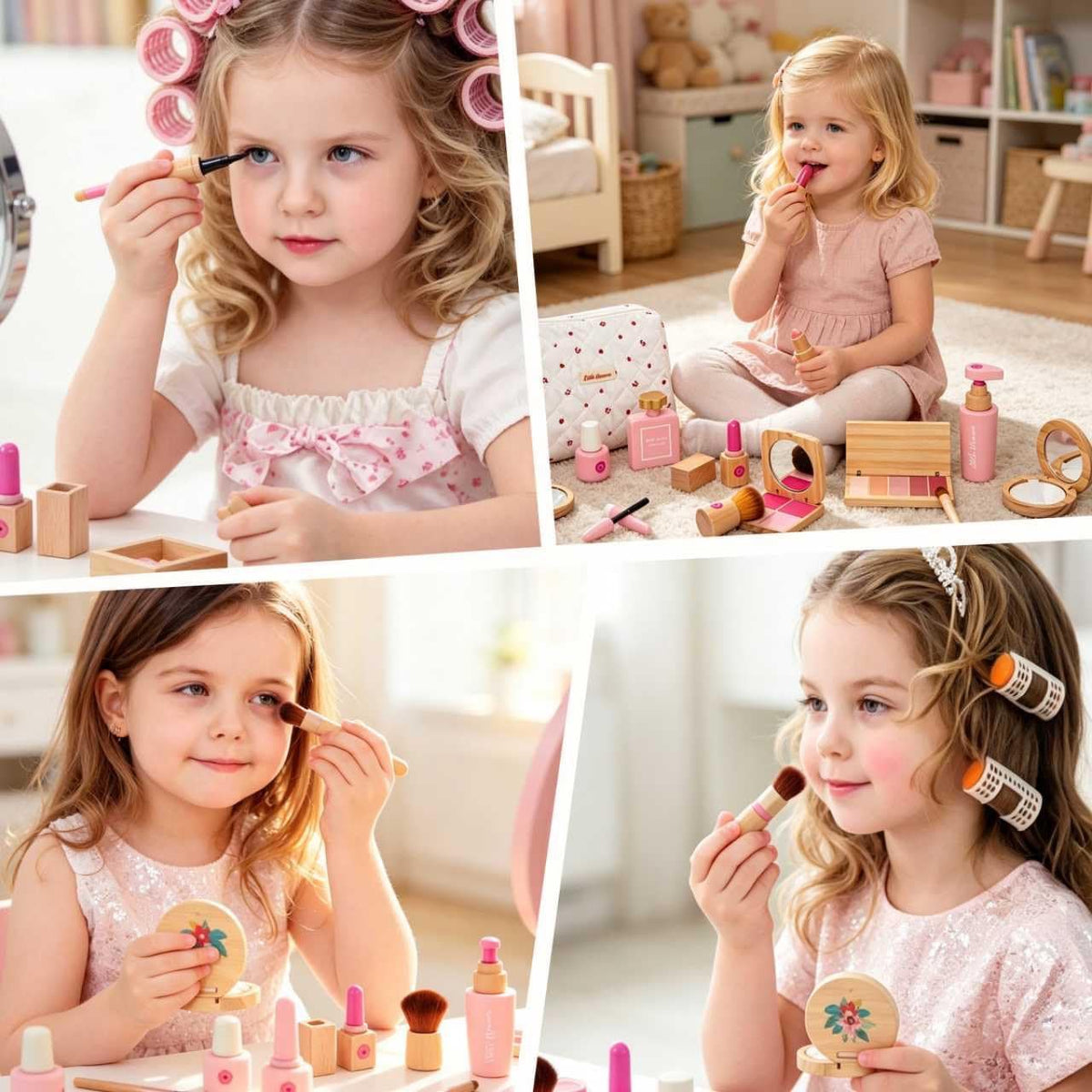 Kit de maquillaje de madera para niños pequeños, juego de belleza d...