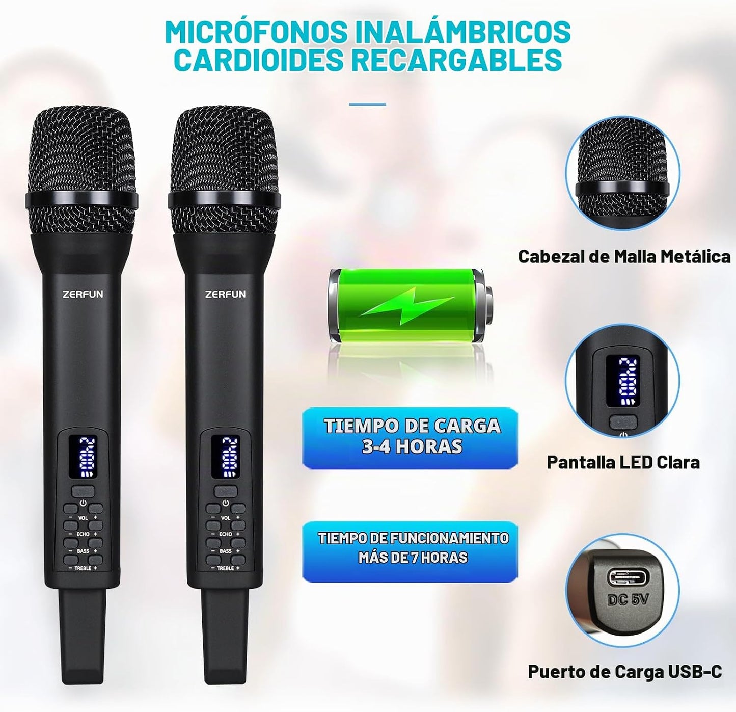 ZERFUN 4 Micrófonos Inalámbricos Recargables, Sistema de Micrófonos...