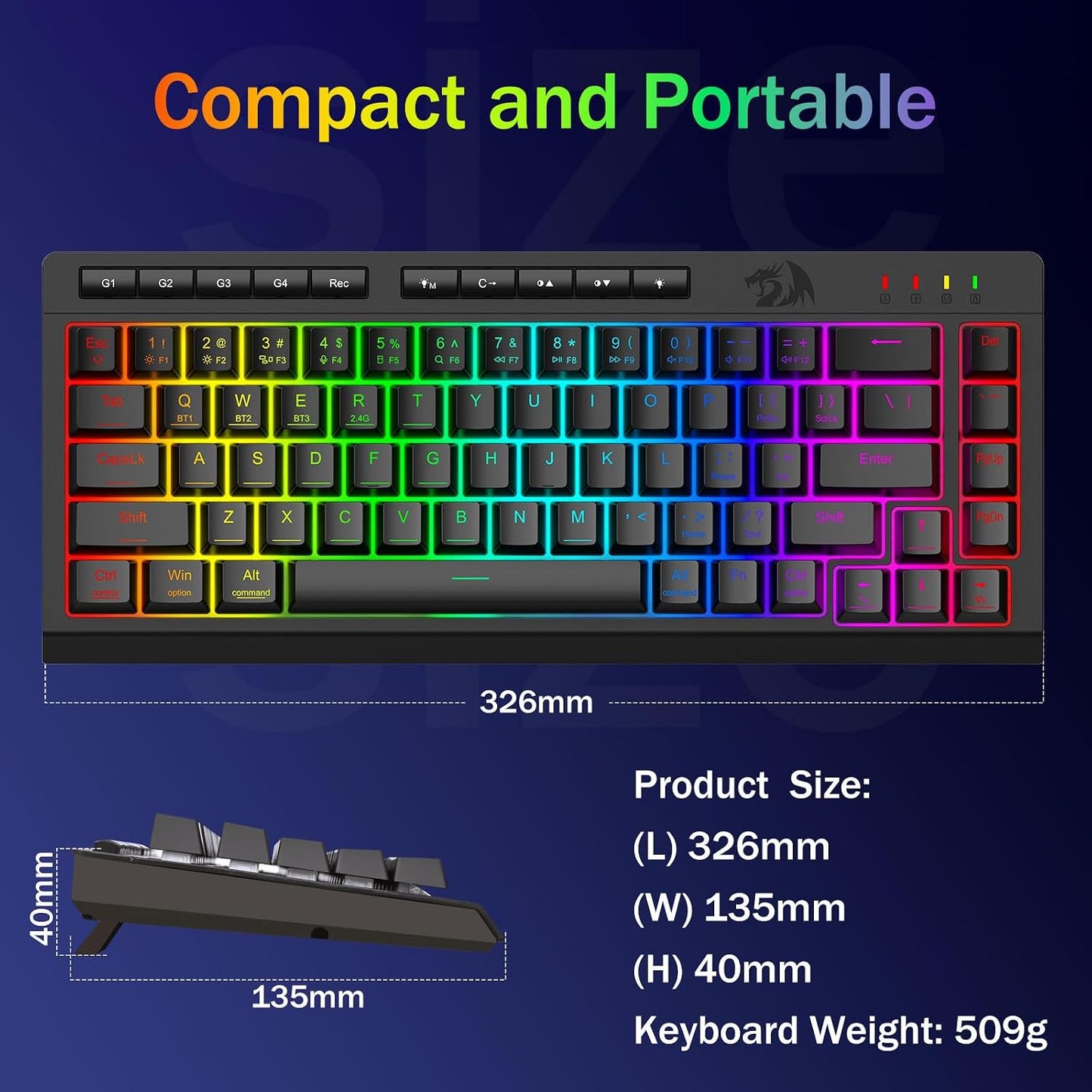 Redragon Teclado Gaming Inalámbrico Portátil, Bluetooth\/2.4GHz\/US...