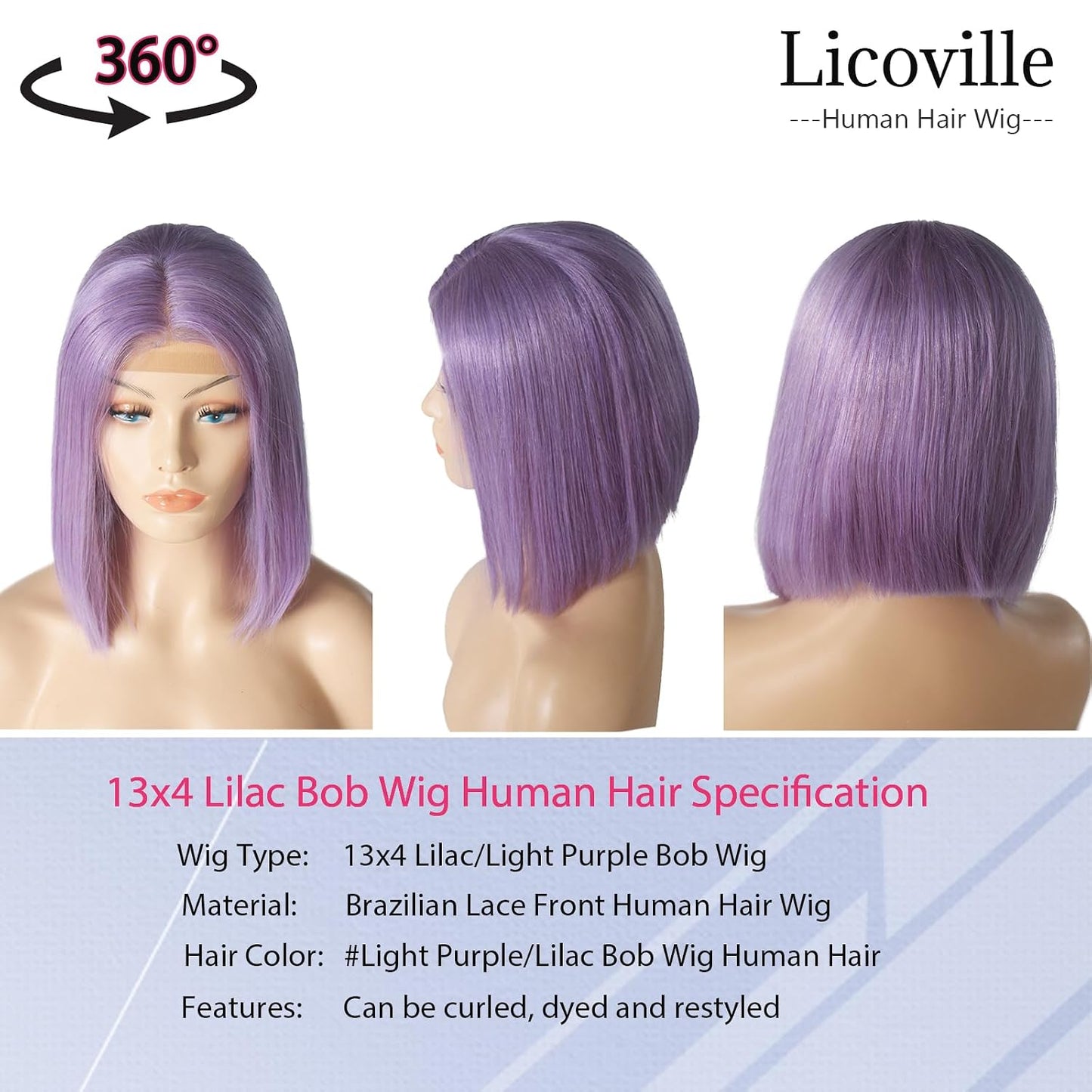 Licoville - Peluca de pelo humano negro y liso en corte bob para mu...