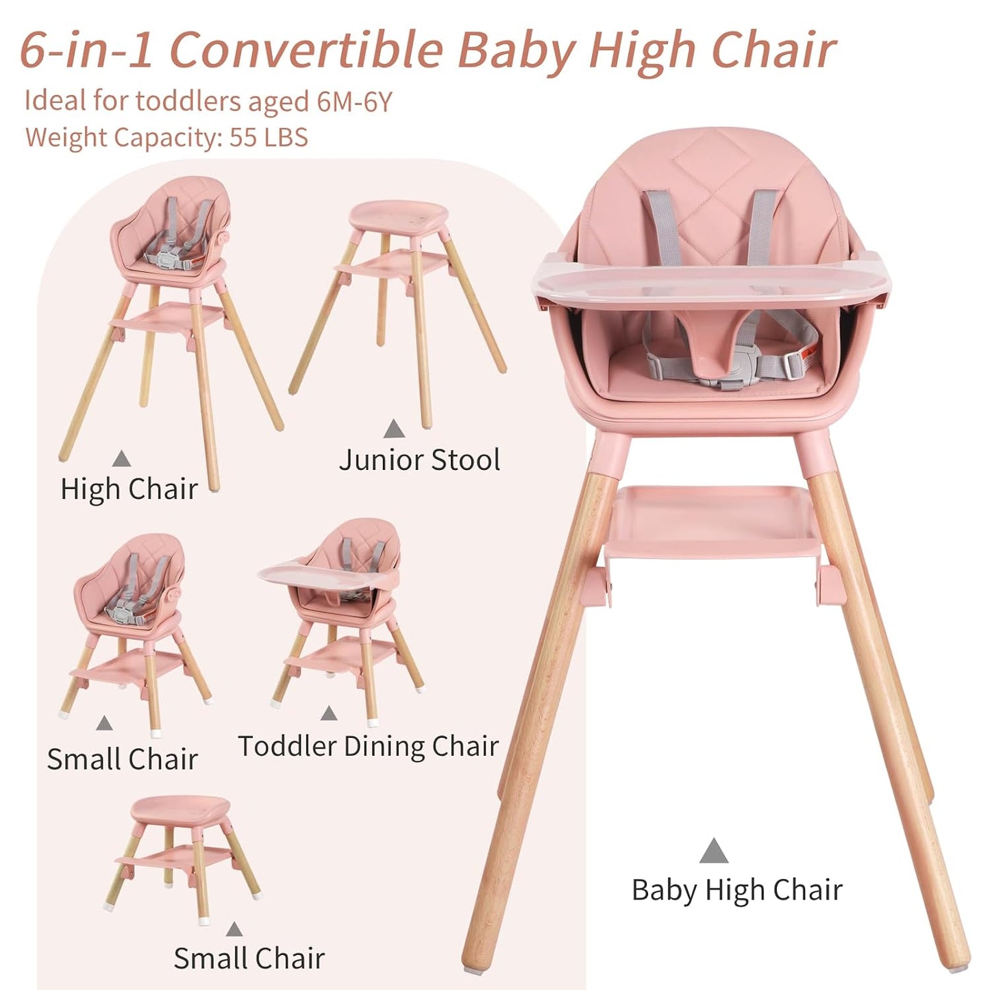 Silla alta 6 en 1 para bebé, sillas altas convertibles de madera pa...