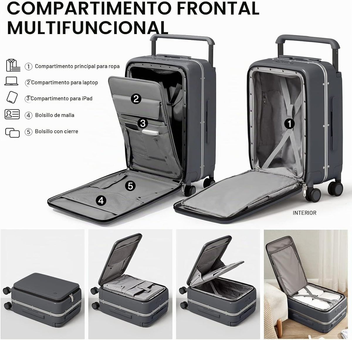 mixi Maleta de equipaje con bolsillo frontal para laptop, maleta de...