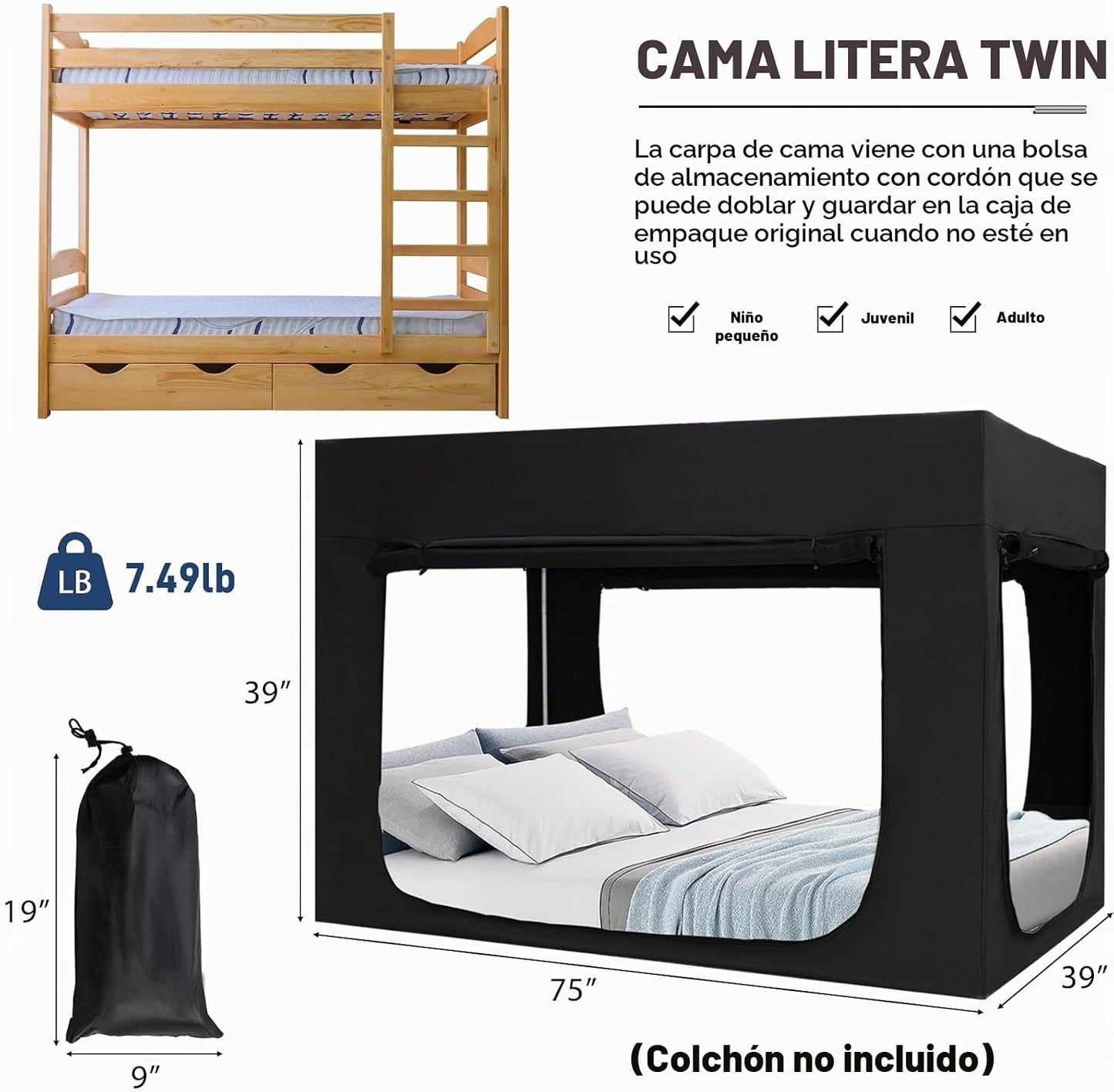 Quinnsus Tienda de Cama Dosel de Cama Litera Tamaño Individual Tien...