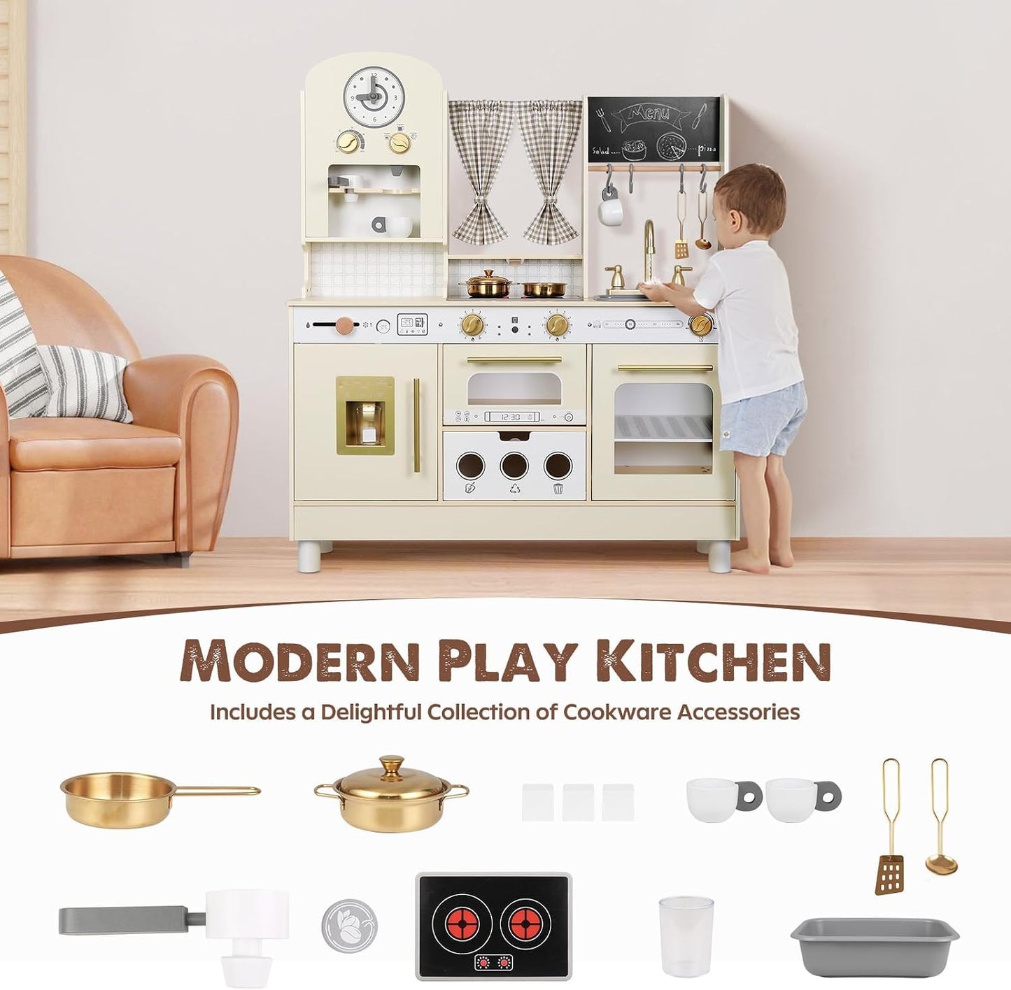 EDUBEBO Juego de cocina para niños, Cocina de madera para jugar, Al...