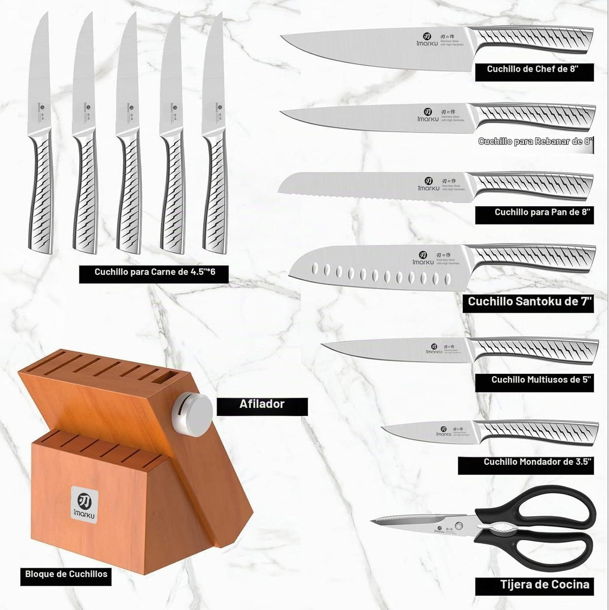imarku® Juego de cuchillos, juego de 14 piezas para cocina con bloq...