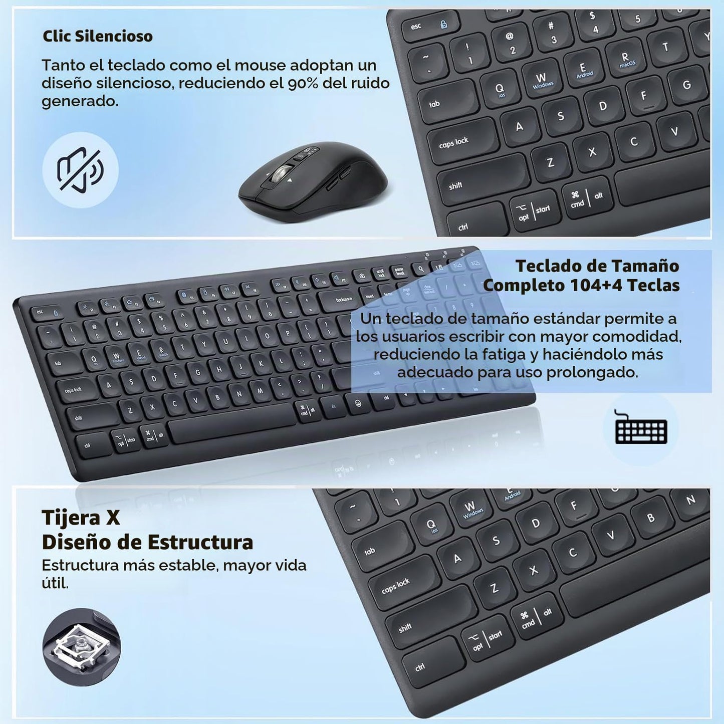 CITLLA Combo de teclado y mouse inalámbricos, teclas de interruptor...