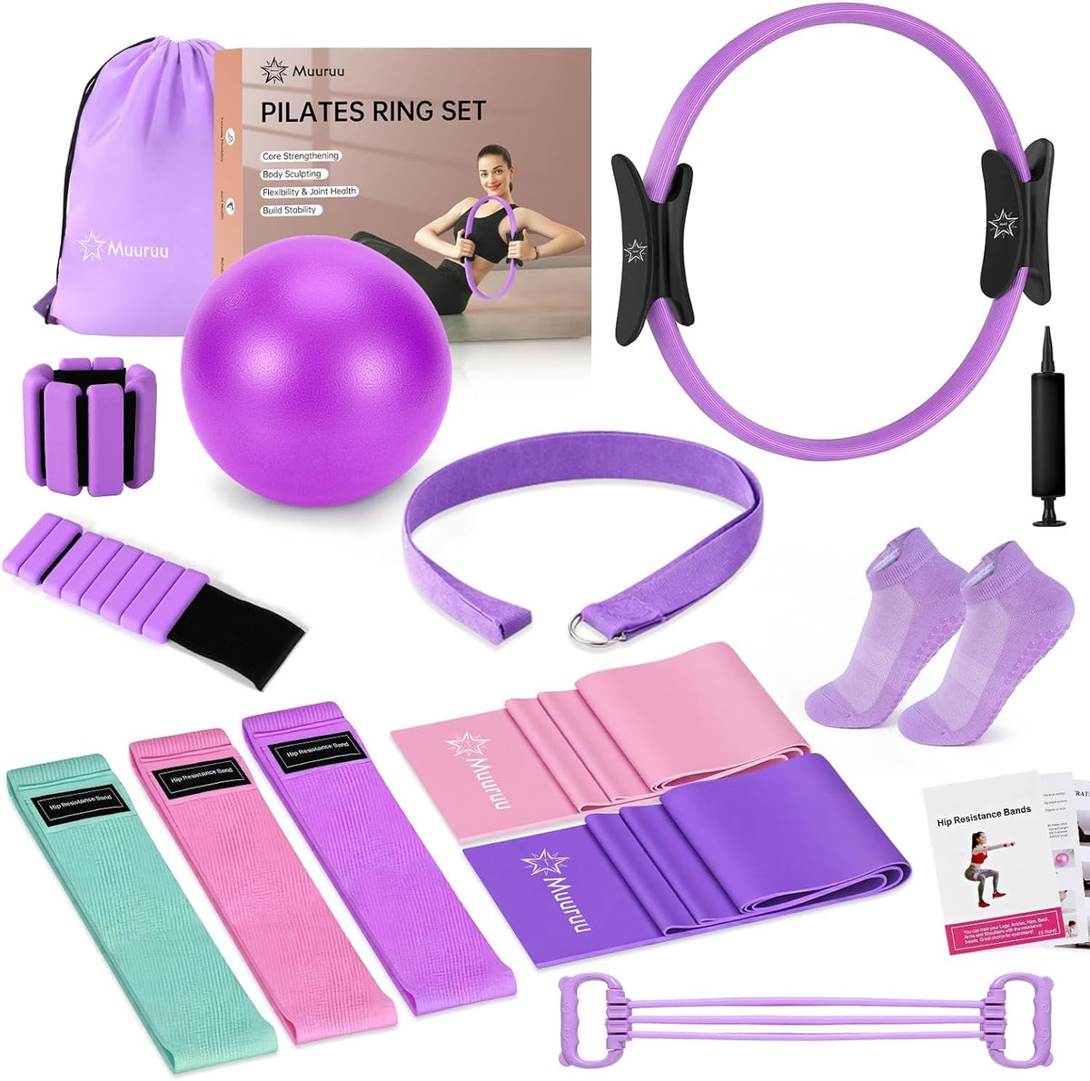 Muuruu Equipo de kit de Pilates, anillo y pelota de Pilates para mu...