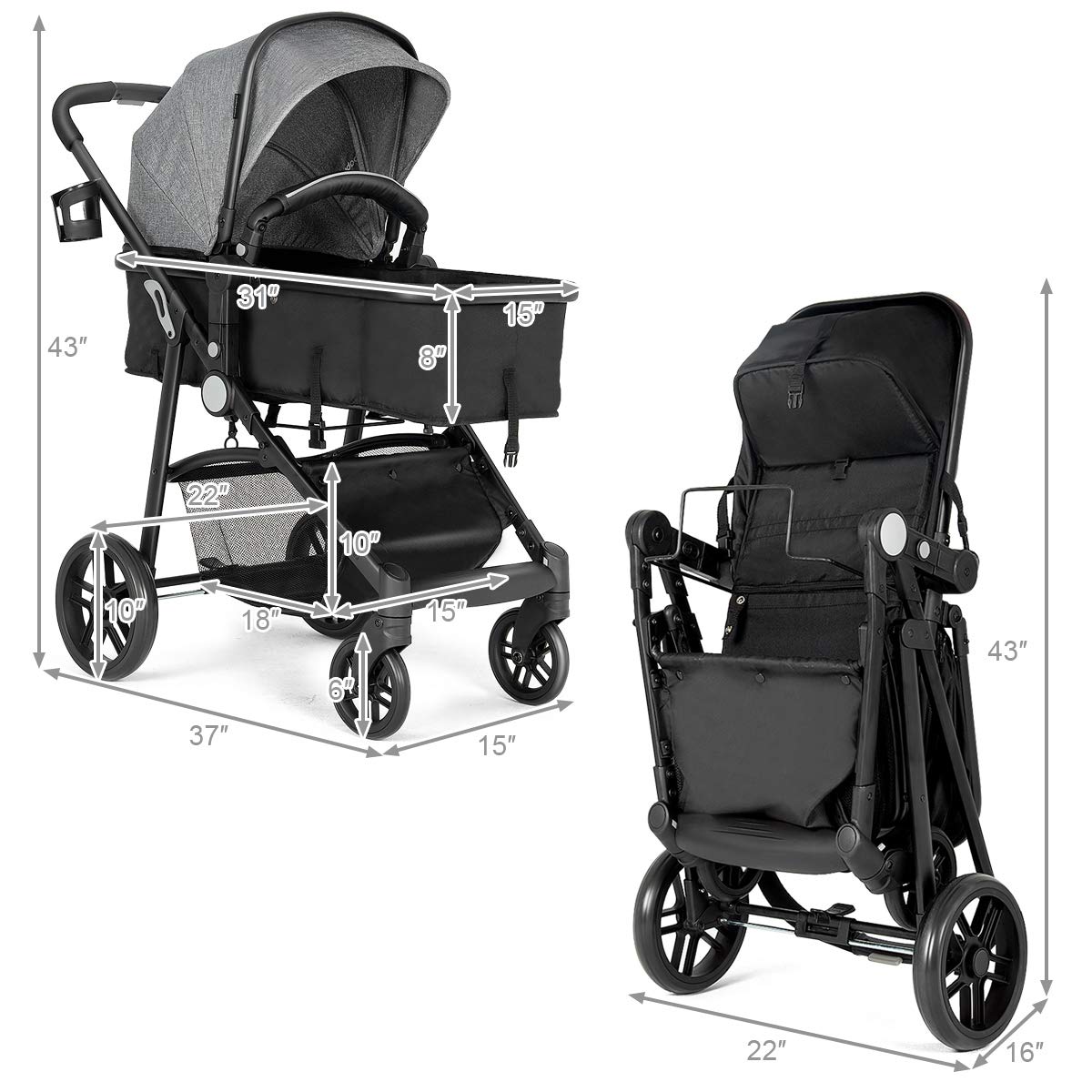 BABY JOY Cochecito de bebé, 2 en 1 cuna convertible a cochecito, si...