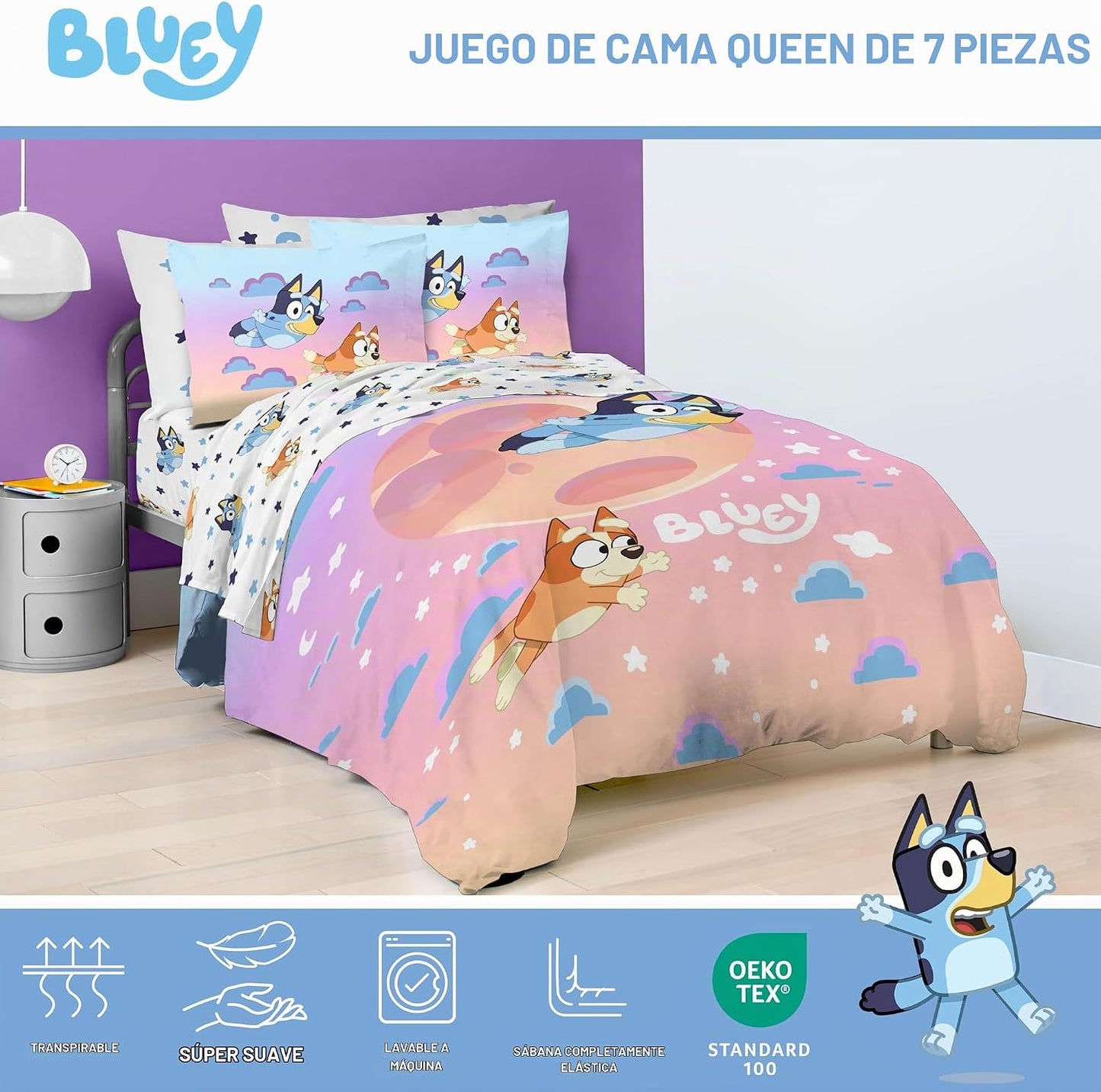 Jay Franco Bluey &amp; Bingo - Juego de edredón tamaño Queen, ropa...