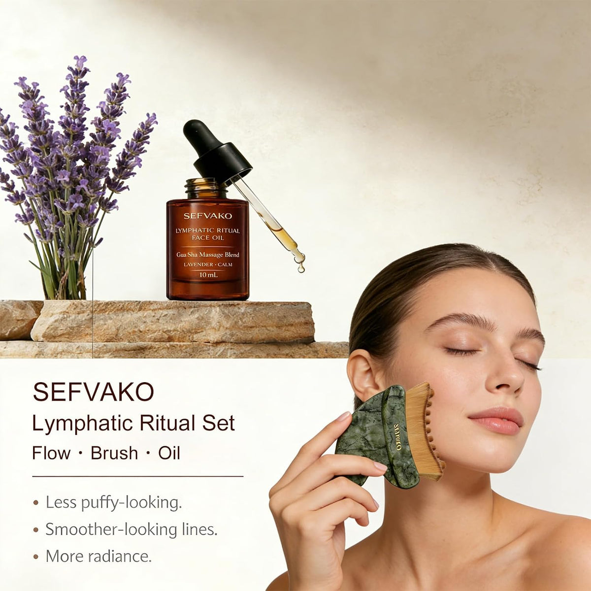 Cepillo facial linfático contorno con aceite, cerdas suaves y jade...