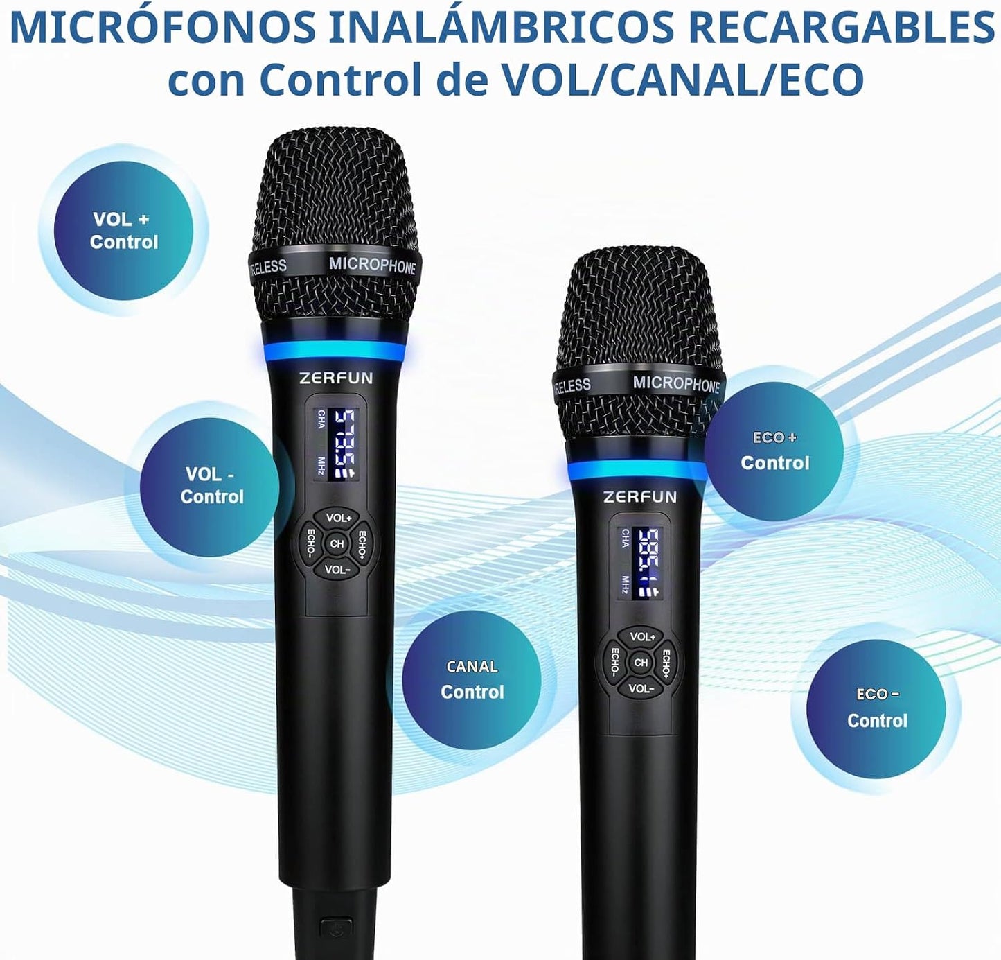 ZERFUN Micrófonos inalámbricos duales recargables, sistema de micró...