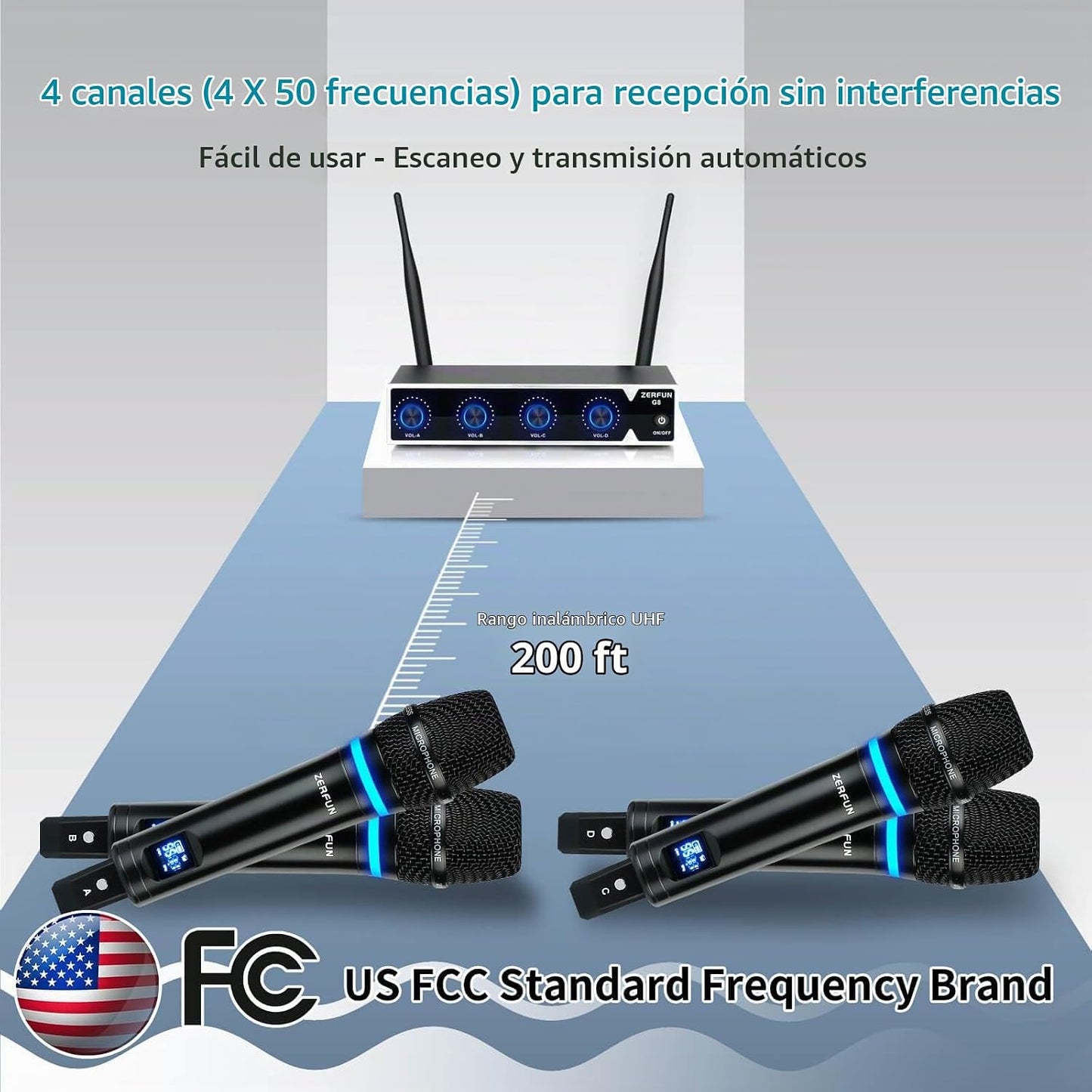 ZERFUN Sistema de Micrófono Inalámbrico Recargable de 4 Canales, Mi...