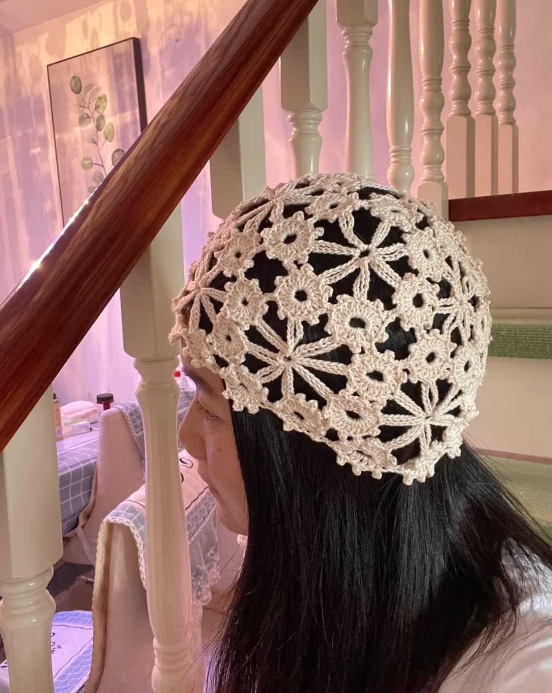 ALLDECOR Gorro de punto hecho a mano con estampado floral para muje...