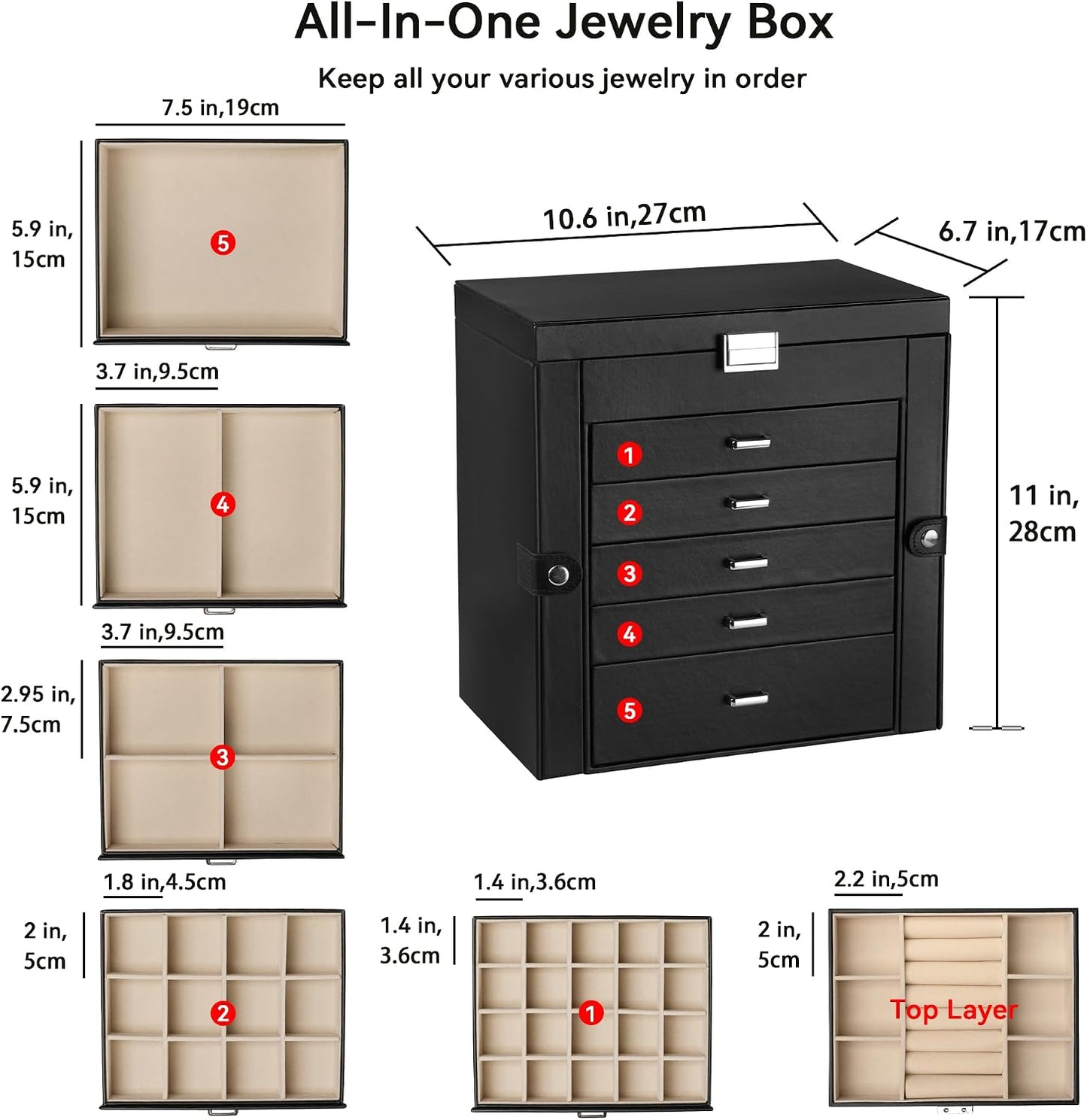 Frebeauty Joyero Grande, Organizador de Joyas de Cuero PU de 6 Nive...