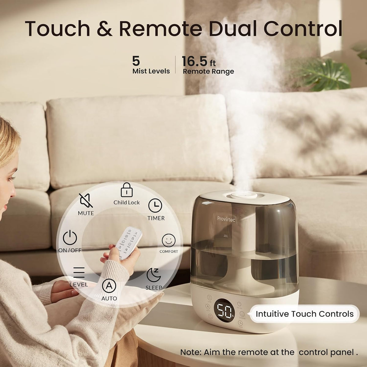 Provirtec Humidificador de niebla fría para dormitorio autolimpiant...