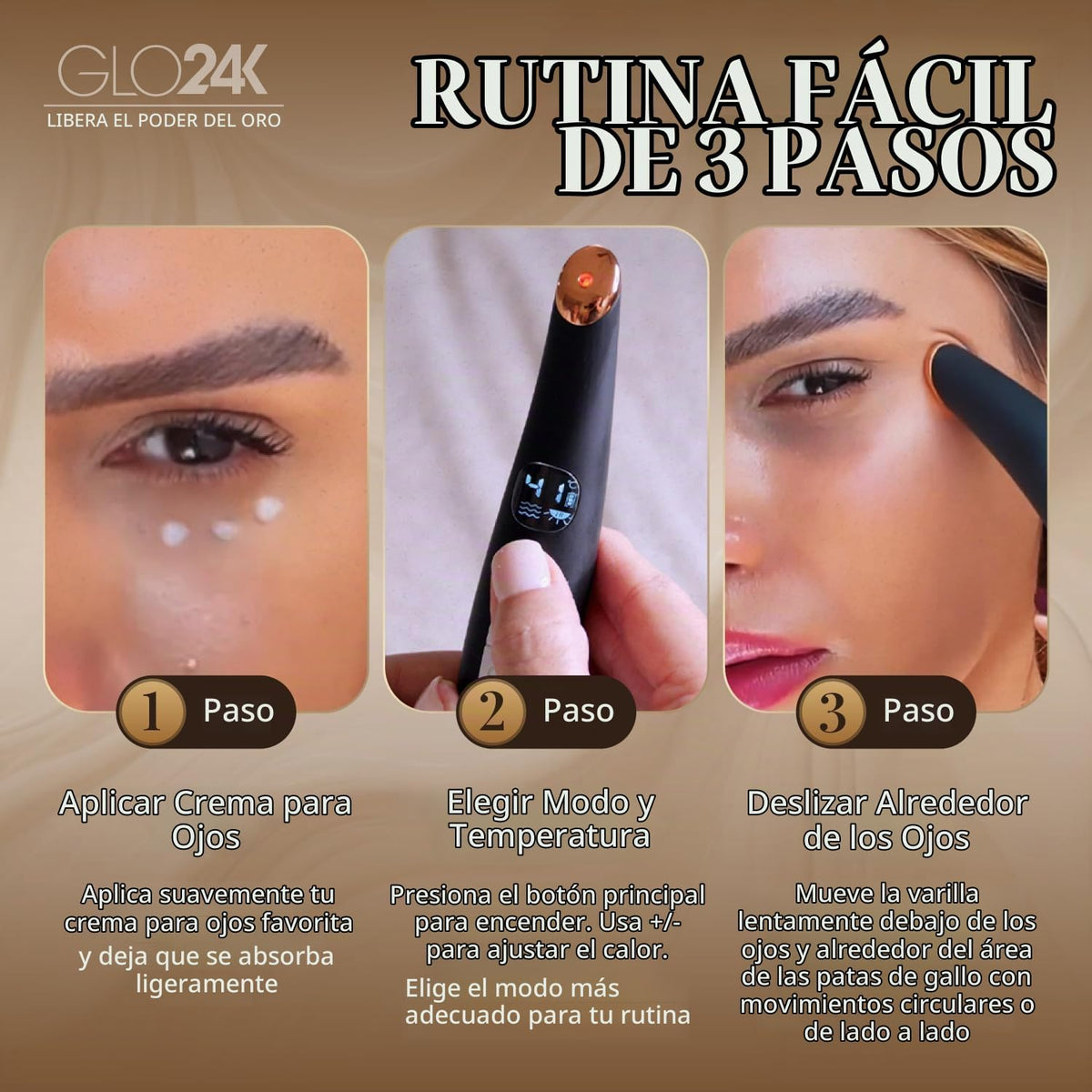 GLO24K Varita masajeadora de ojos calentada con vibración para el c...