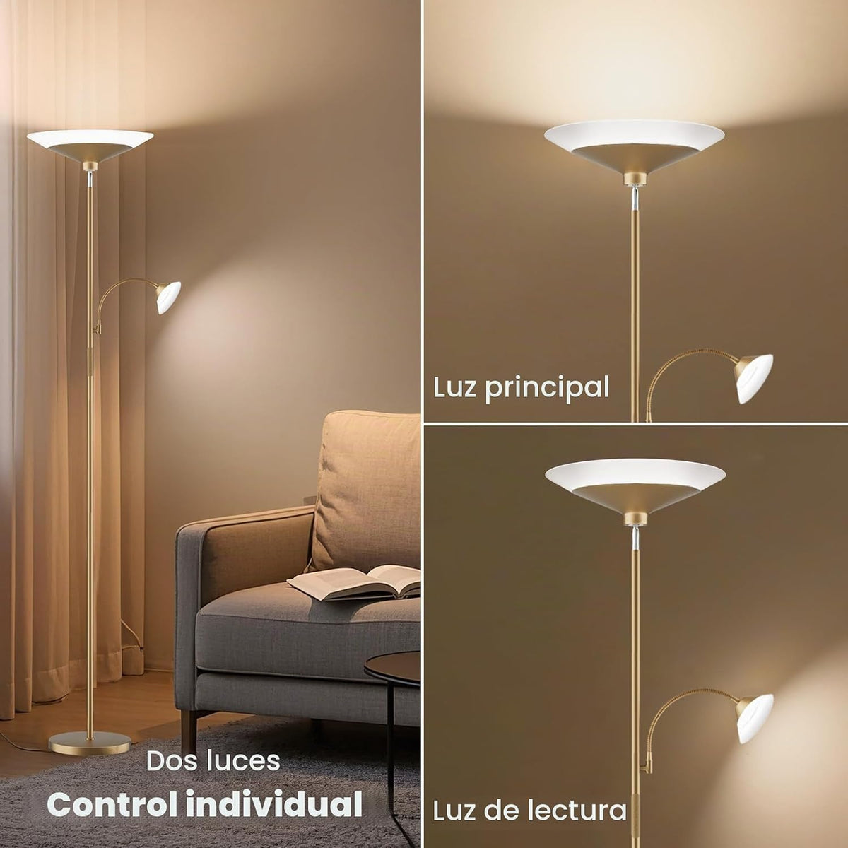 SIBRILLE Lámpara de pie Gold Torchiere - Lámpara de pie LED de 2 ví...