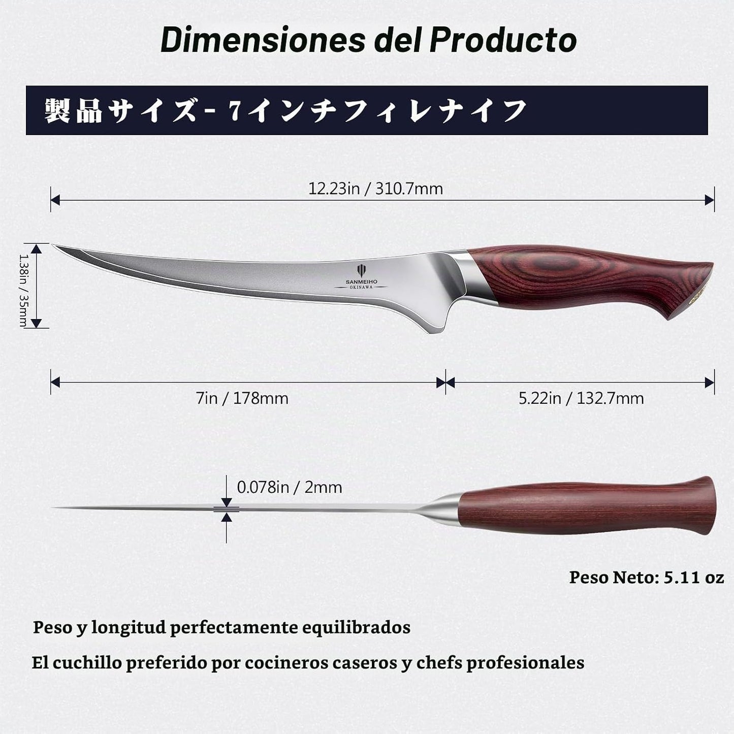SANMEIHO Cuchillo de filete de 7 pulgadas, cuchillo afilado de pesc...