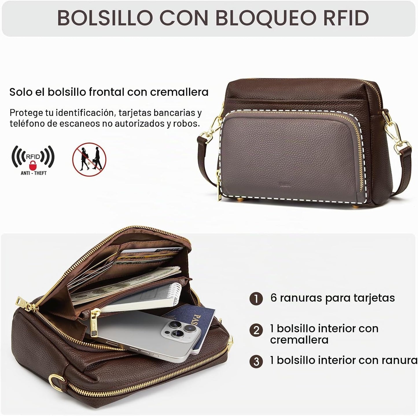 Kattee Bolso cruzado de cuero para mujer, pequeño, antirrobo, con c...