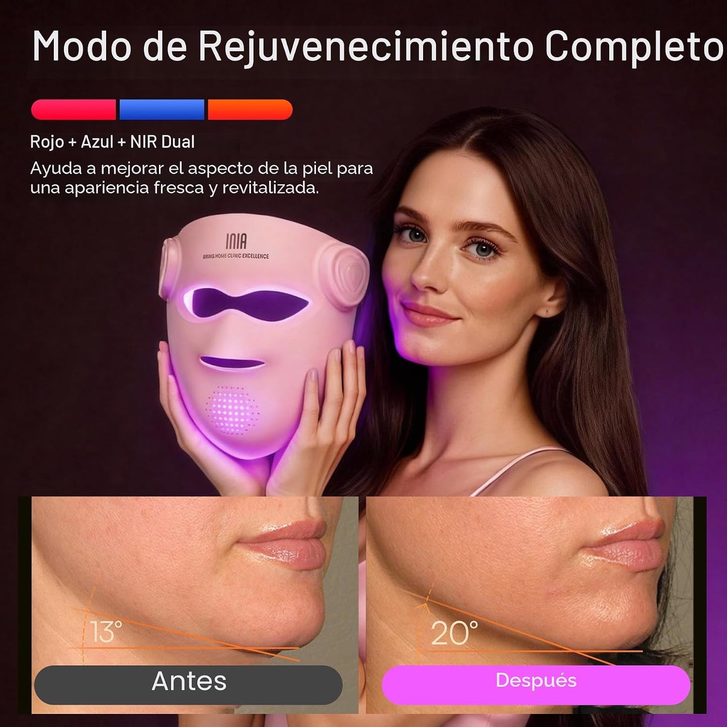 INIA Glow 4D - Máscara de terapia de luz roja inalámbrica para cara...