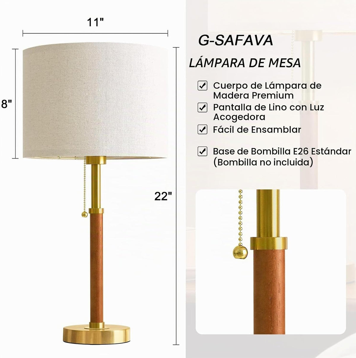 Lámparas de mesa de madera de 22 pulgadas, lámpara moderna de media...