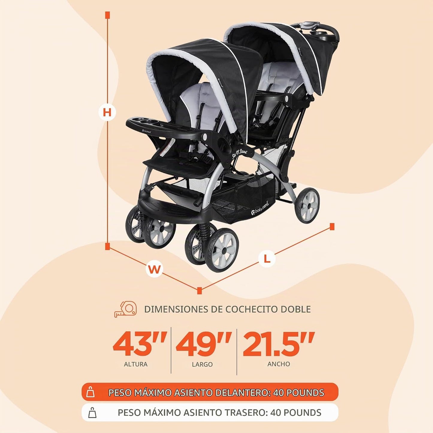 Cochecito doble para bebés y niños pequeños Baby Trend con arnés y...