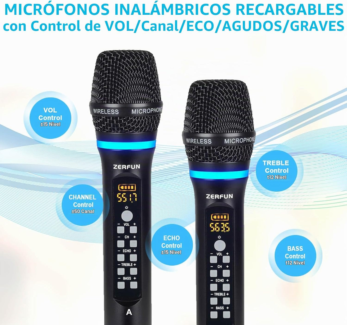 ZERFUN Sistema de Micrófono Inalámbrico Recargable de 4 Canales, Mi...