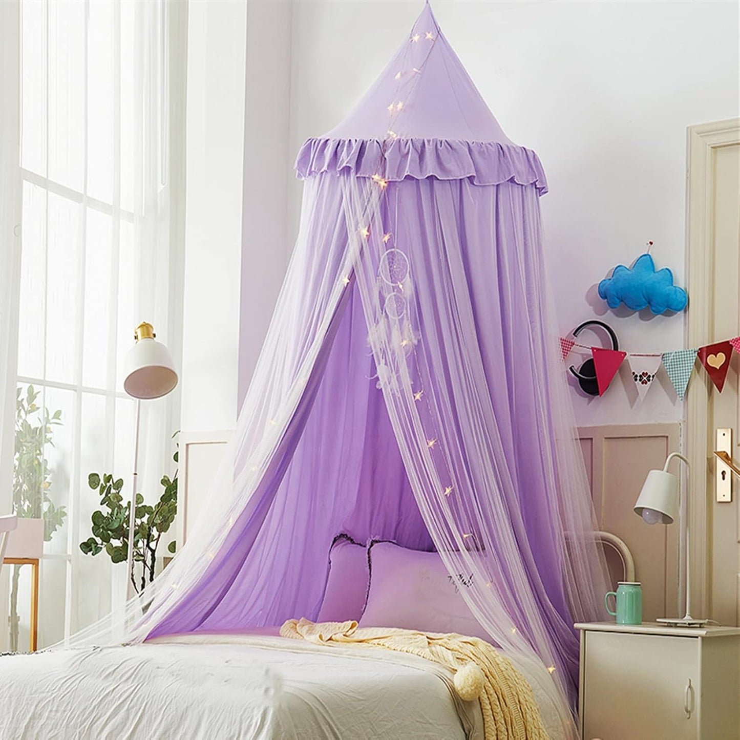 Dósel de cama con luces, doble capa, princesa, cúpula redonda, mosq...