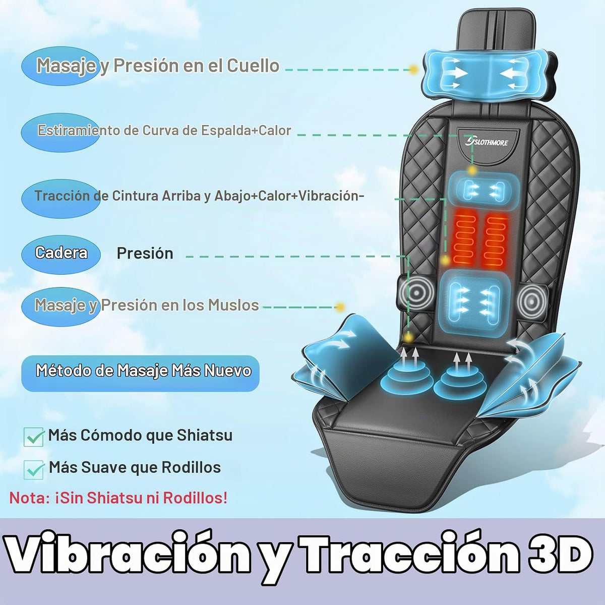 Masajeador de espalda con calor, tracción y vibración, almohadilla...