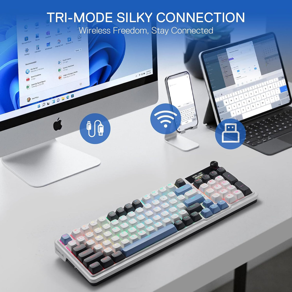 Redragon K719 Teclado inalámbrico para juegos con junta con pantall...