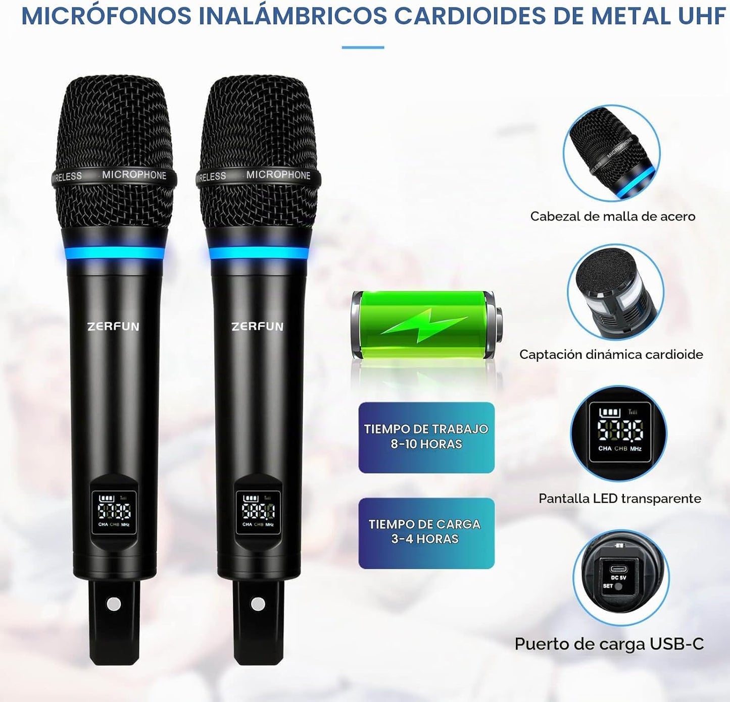 Sistema de micrófono inalámbrico recargable de 2 canales ZERFUN | M...