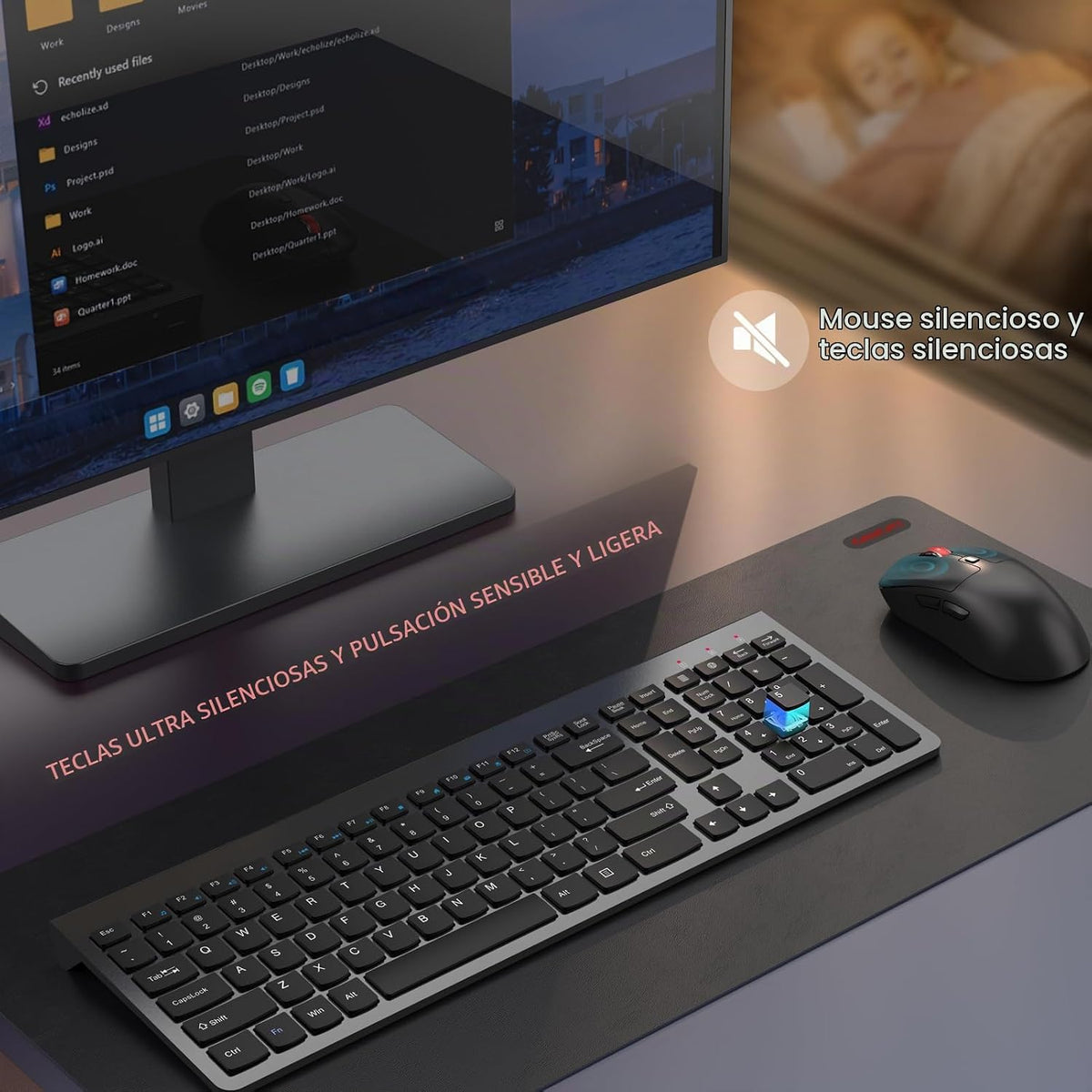 GAMCATZ Combo de teclado y mouse inalámbricos, clic silencioso, dis...