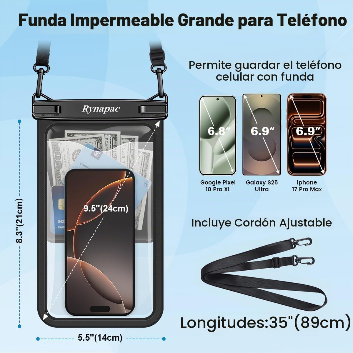 Rynapac Bolsa grande impermeable para teléfono de hasta 10 pulgadas...