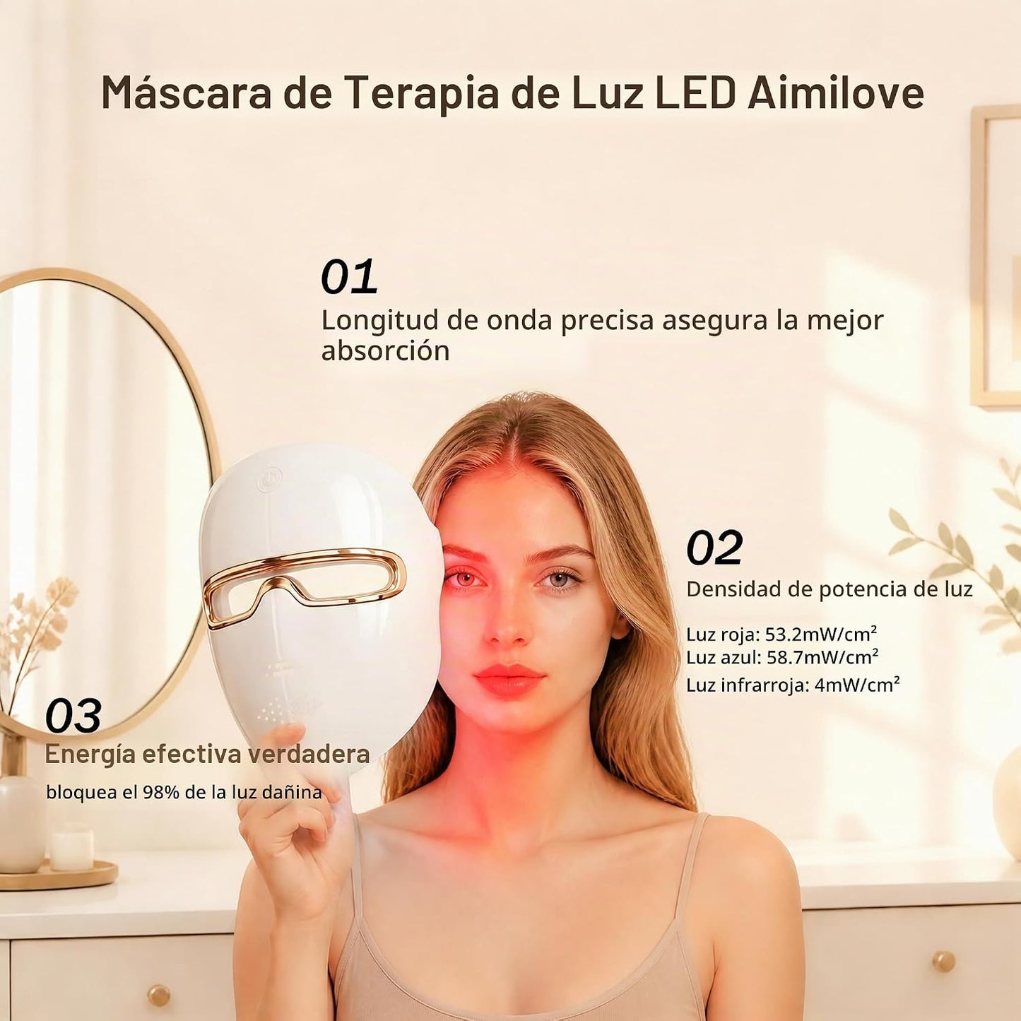 Aimilove Máscara de terapia de luz roja para cara, 850nmNIR trata e...
