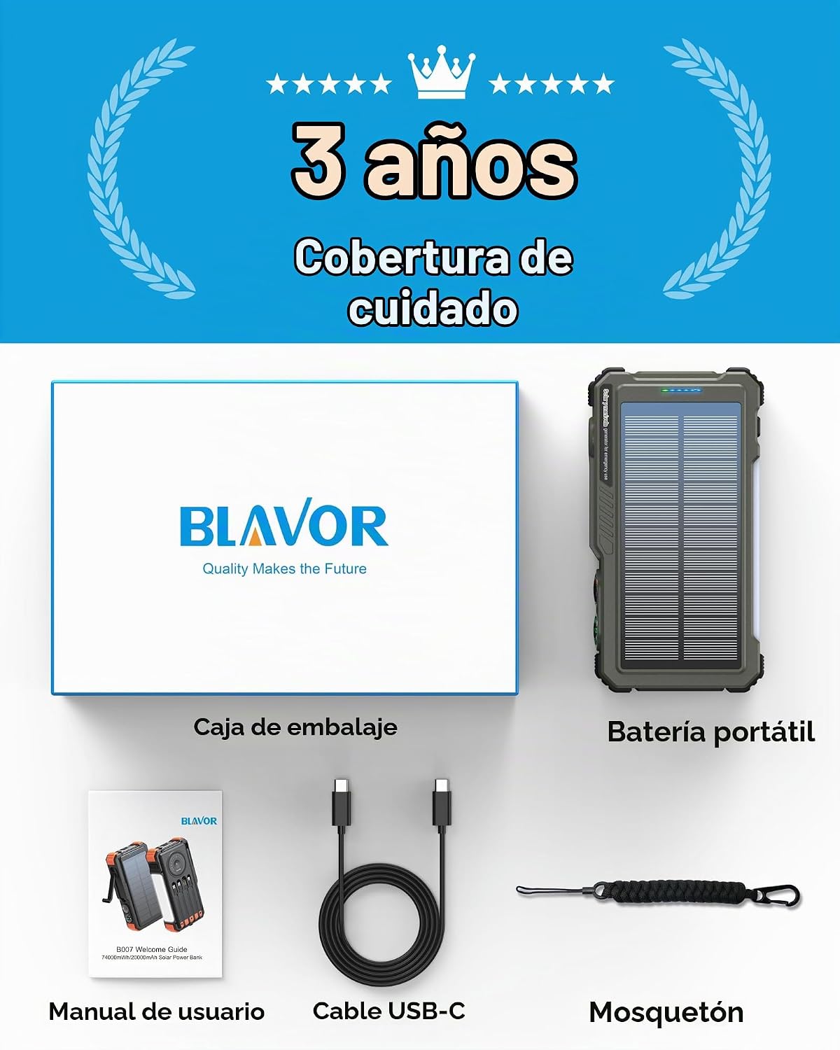 BLAVOR Banco de energía solar con manivela y 4 cables, cargador por...