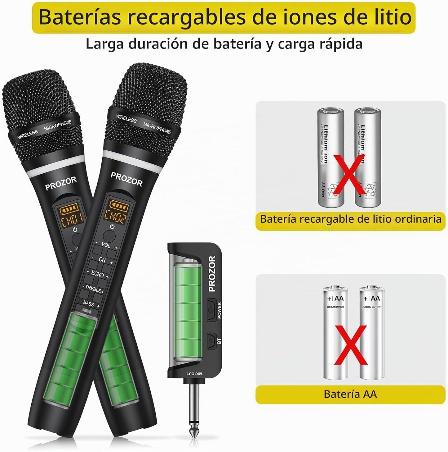 PROZOR Micrófono inalámbrico UHF con control de eco de graves agudo...