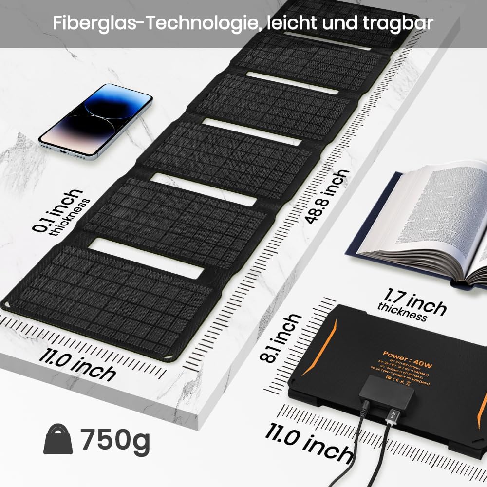 FlexSolar Cargador de panel solar plegable de 40 W, salidas USB-C U...