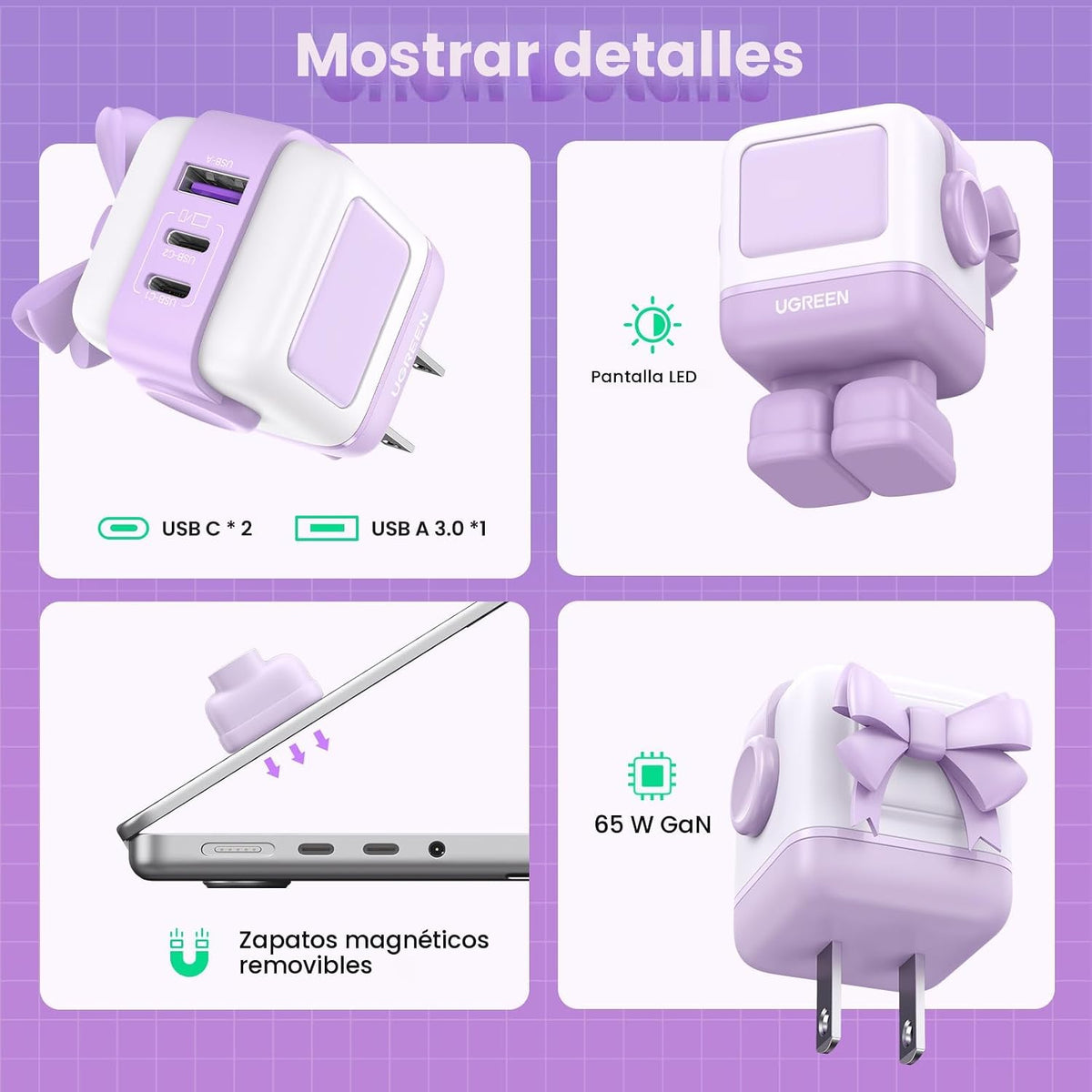 UGREEN Uno 65W Bloque de Cargador USB C, Carga Rápida GaN de 3 Puer...