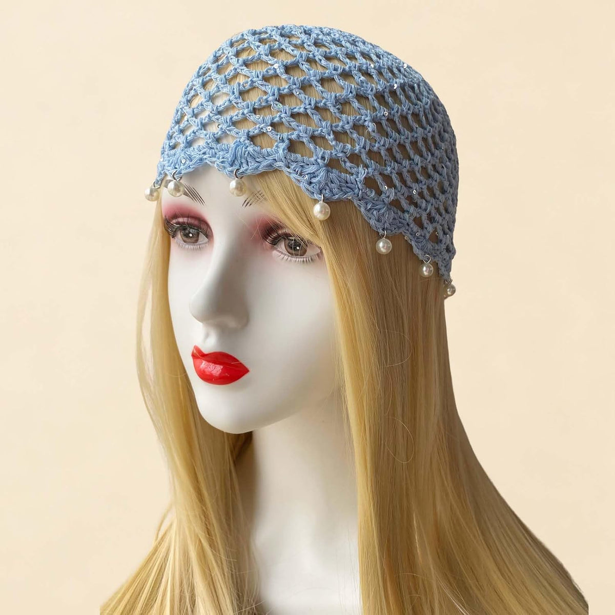 Qkxbxk Gorro de punto hueco con lentejuelas y perlas para mujer, es...