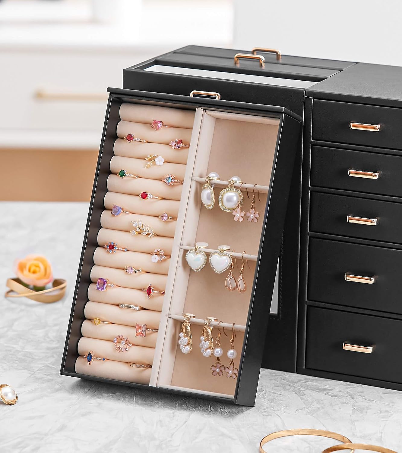 Homde - Gran joyero\/organizador\/caja con ventana de vidrio, cajon...