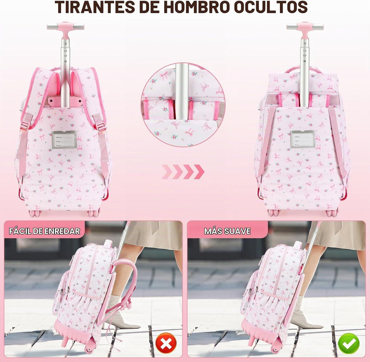 ACESAK Mochila con ruedas para niñas, mochila escolar con ruedas en...