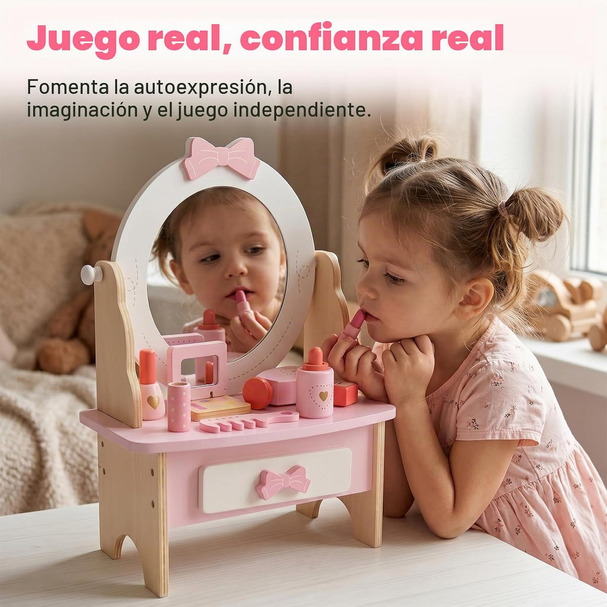 Juego de tocador de madera para niños, mesa de tocador de maquillaj...