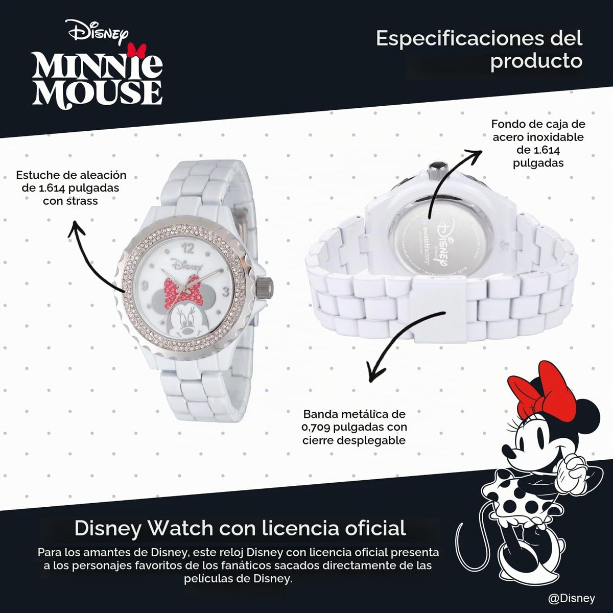 Reloj Disney Minnie Mouse para mujer, diseño clásico de Minnie Mous...
