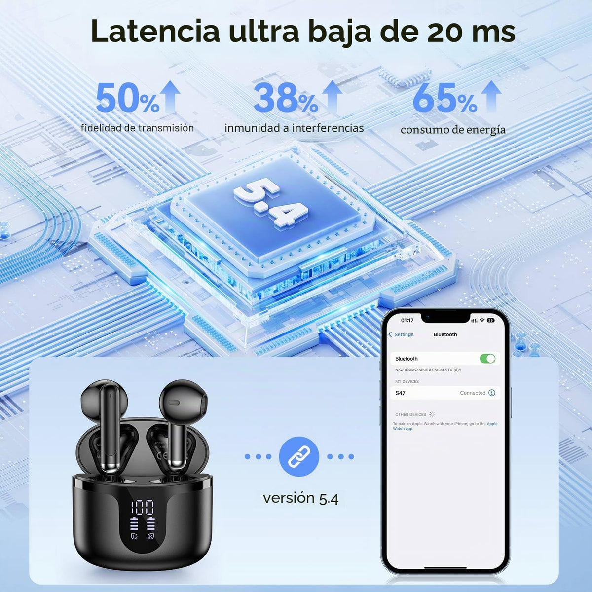 Auriculares inalámbricos, Bluetooth de 5.4 pulgadas, auriculares in...
