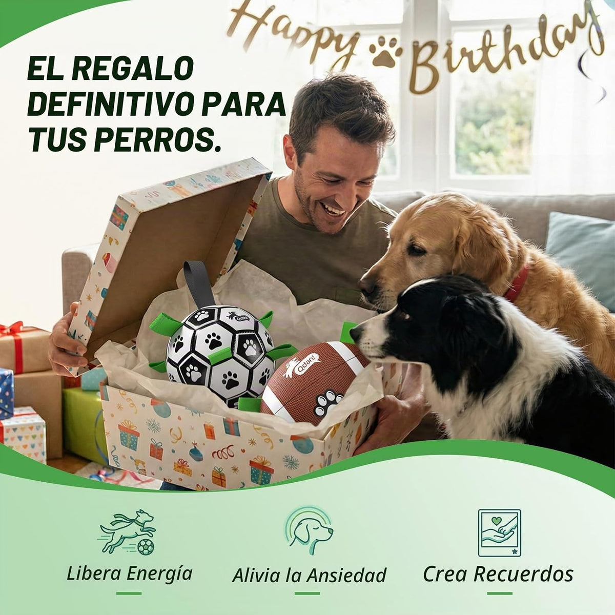 QDAN - Juego de 2 pelotas de fútbol para perros, juguete con correa...