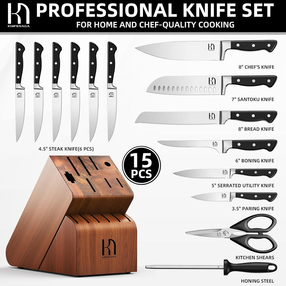 KnifeSaga Juego de bloques de cuchillos de cocina japoneses de 15 p...