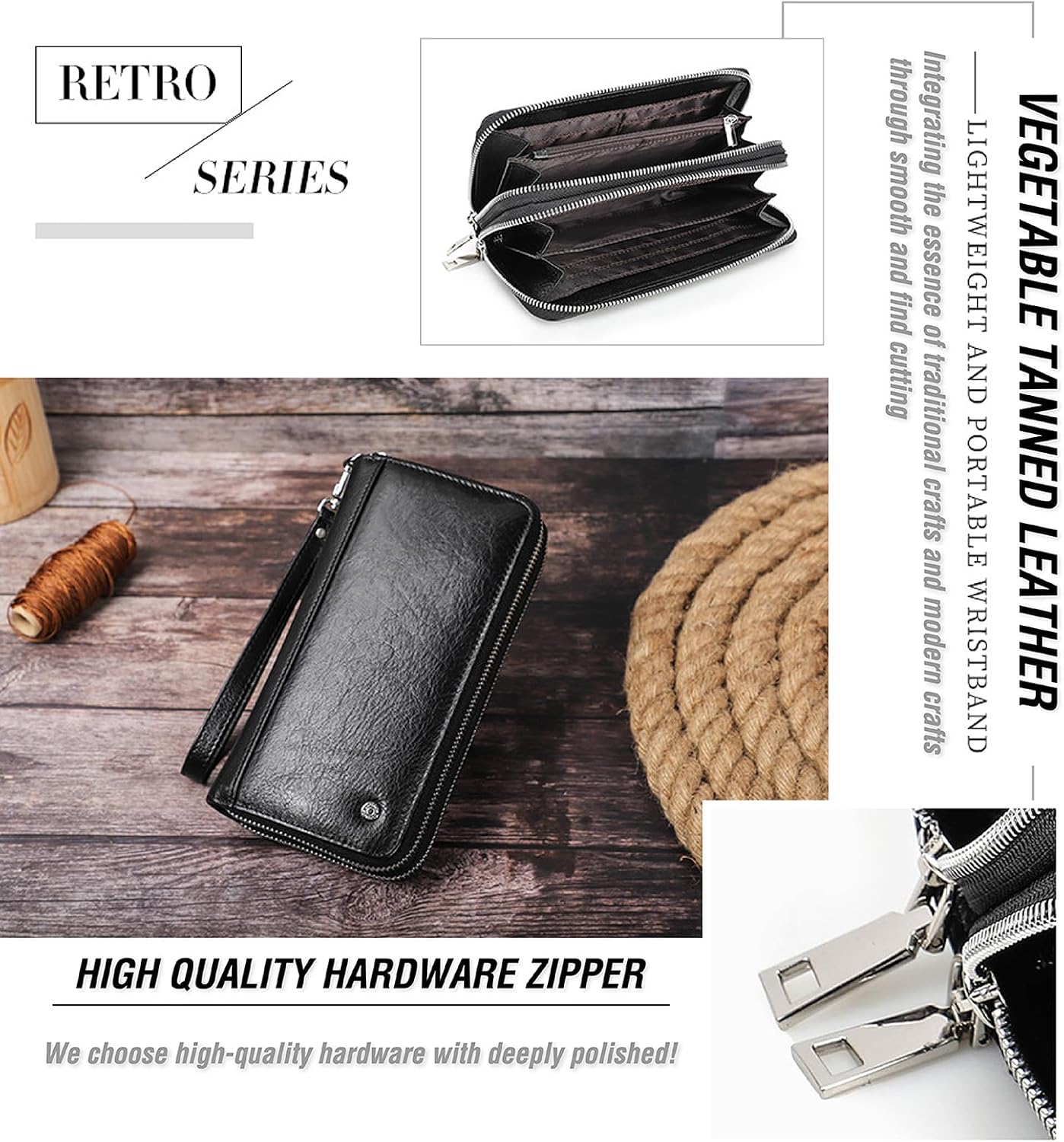 Cartera de mano de cuero genuino de grano superior para hombre y mu...