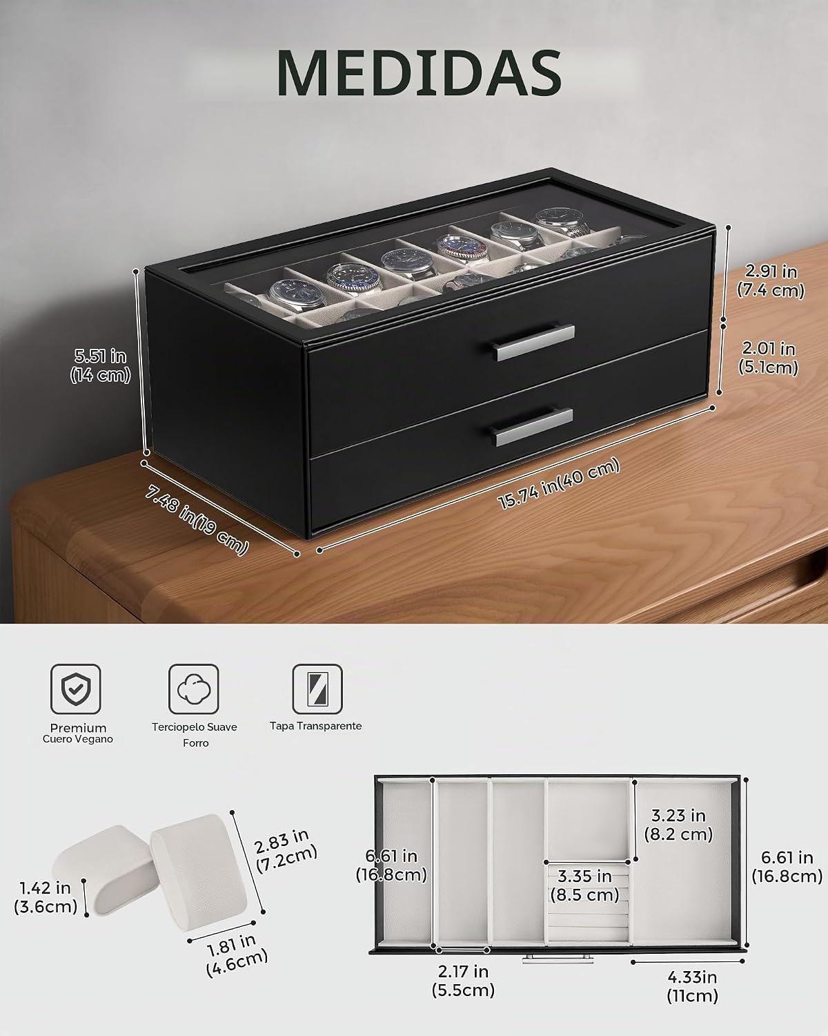 ProCase Caja de reloj de 14 ranuras, vitrina de 2 niveles con cajon...