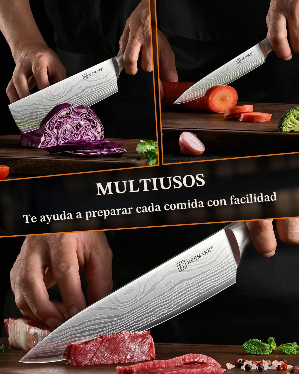 KEEMAKE Juego de cuchillos de cocina, 3 piezas de cuchillos de chef...