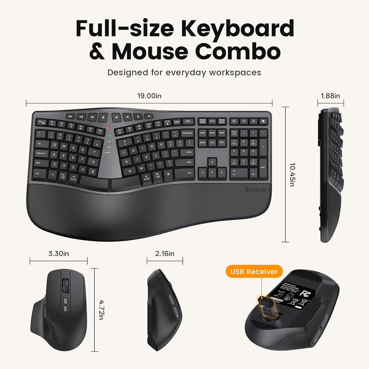 SABLUTE Combo ergonómico de teclado y mouse, diseño dividido, mouse...